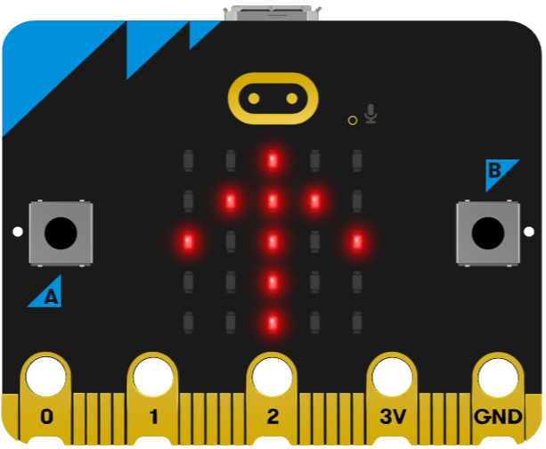 Imagen de la micro:bit que muestra en su matriz de LEDs la imagen de una flecha hacia arriba.